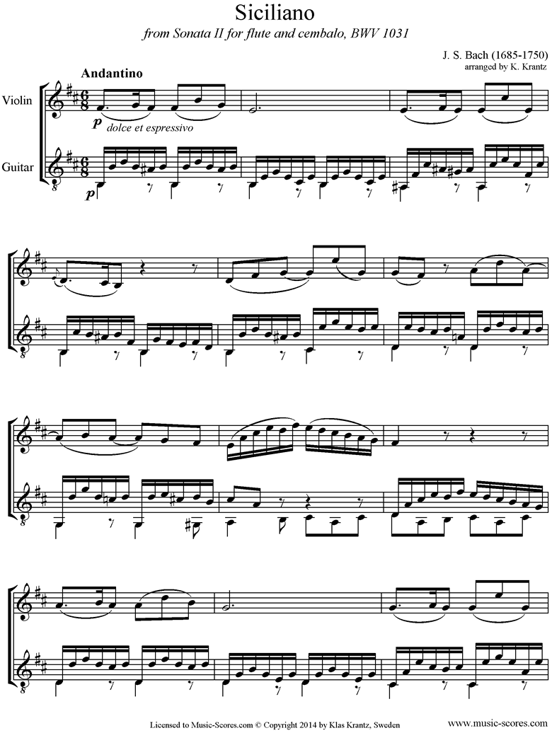 Front page of BWV 1031: Sonata No.2: Siciliano: Violin, Guitar. B mi sheet music
