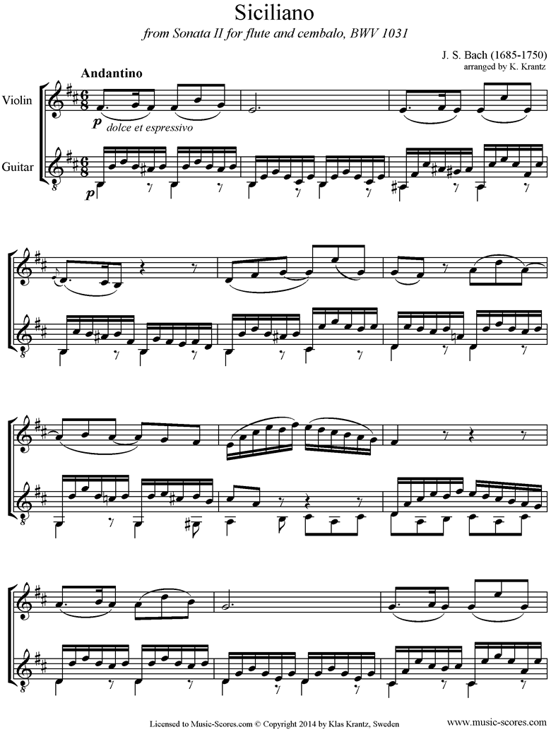 Siciliana for Duet of Classical Guitars [notation] by J.S.Bach - Sheet  Music PDF file to download