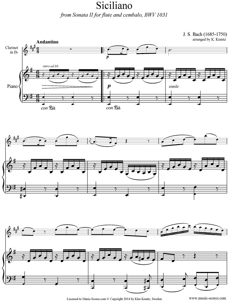 Front page of BWV 1031: Sonata No.2: Siciliano: Clarinet, Piano sheet music