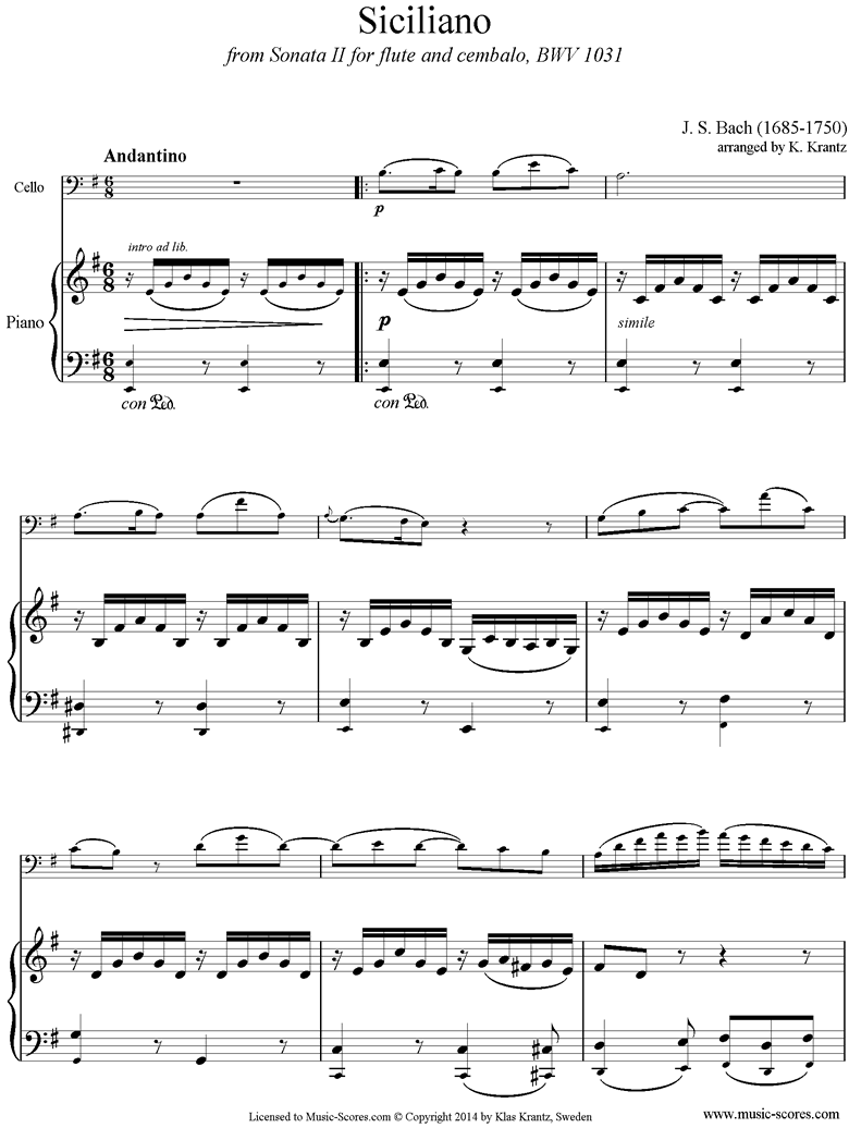Front page of BWV 1031: Sonata No.2: Siciliano: Cello, Easy Piano: Emi sheet music