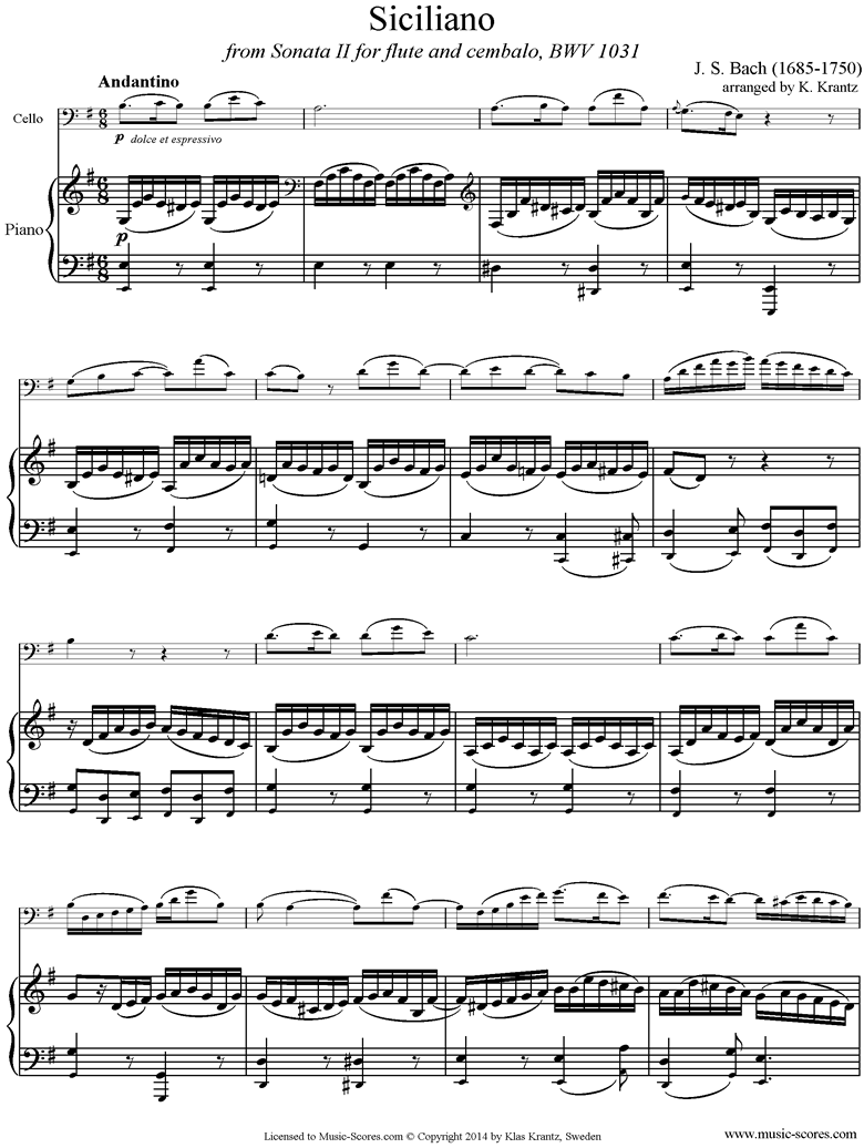 Front page of BWV 1031: Sonata No.2: Siciliano: Cello, Piano: Emi sheet music
