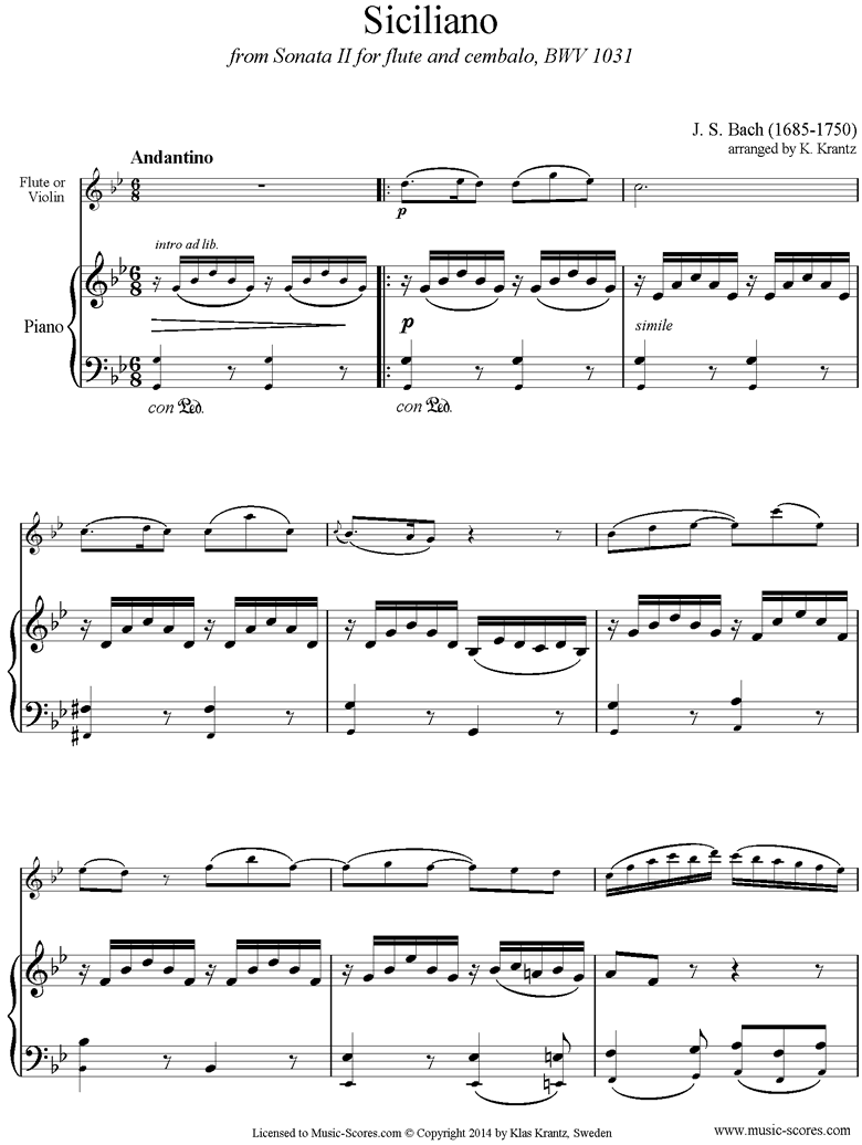 Front page of BWV 1031: Sonata No.2: Siciliano: Flute, Piano sheet music