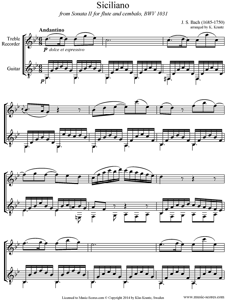 Front page of BWV 1031: Sonata No.2: Siciliano: Recorder, Guitar. G mi sheet music