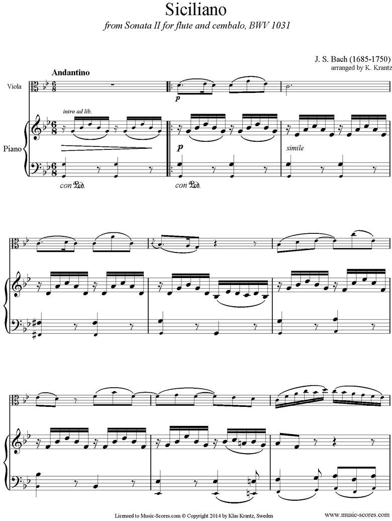 Front page of BWV 1031: Sonata No.2: Siciliano: Viola, Piano sheet music