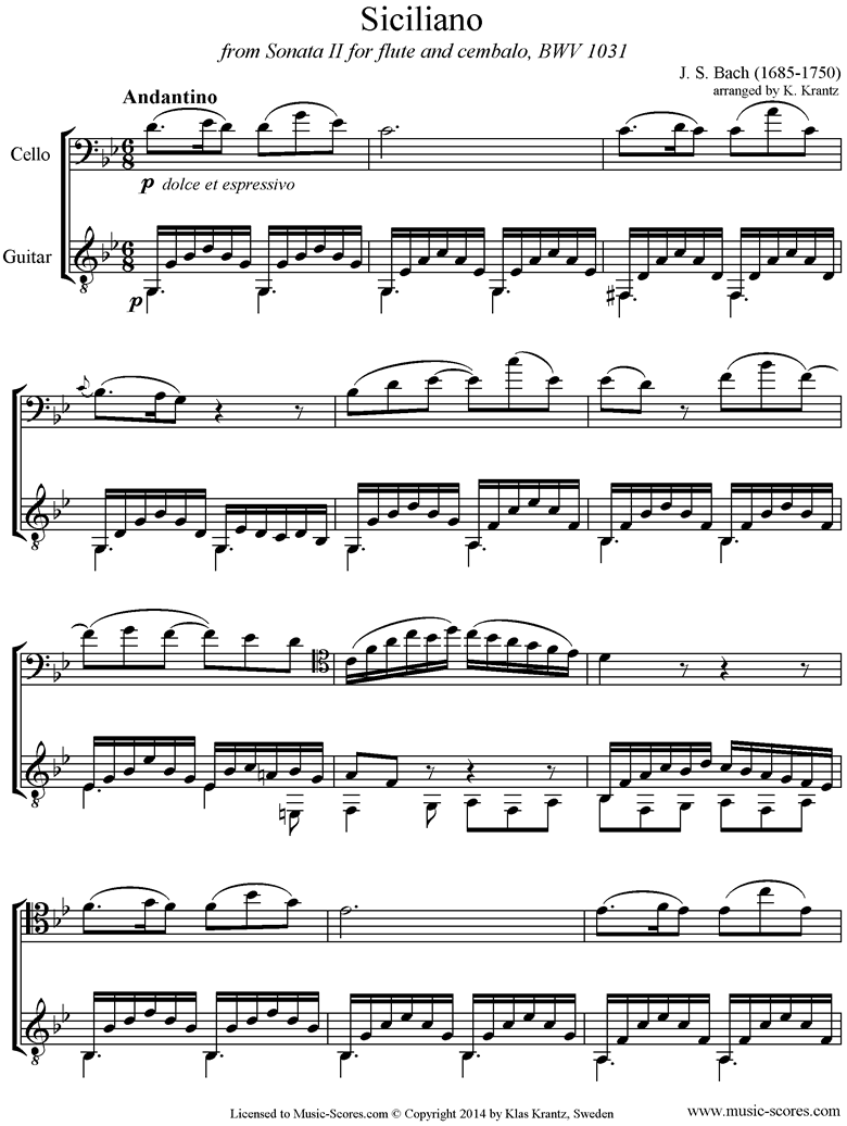 Front page of BWV 1031: Sonata No.2: Siciliano: G minor: Cello, Guitar sheet music