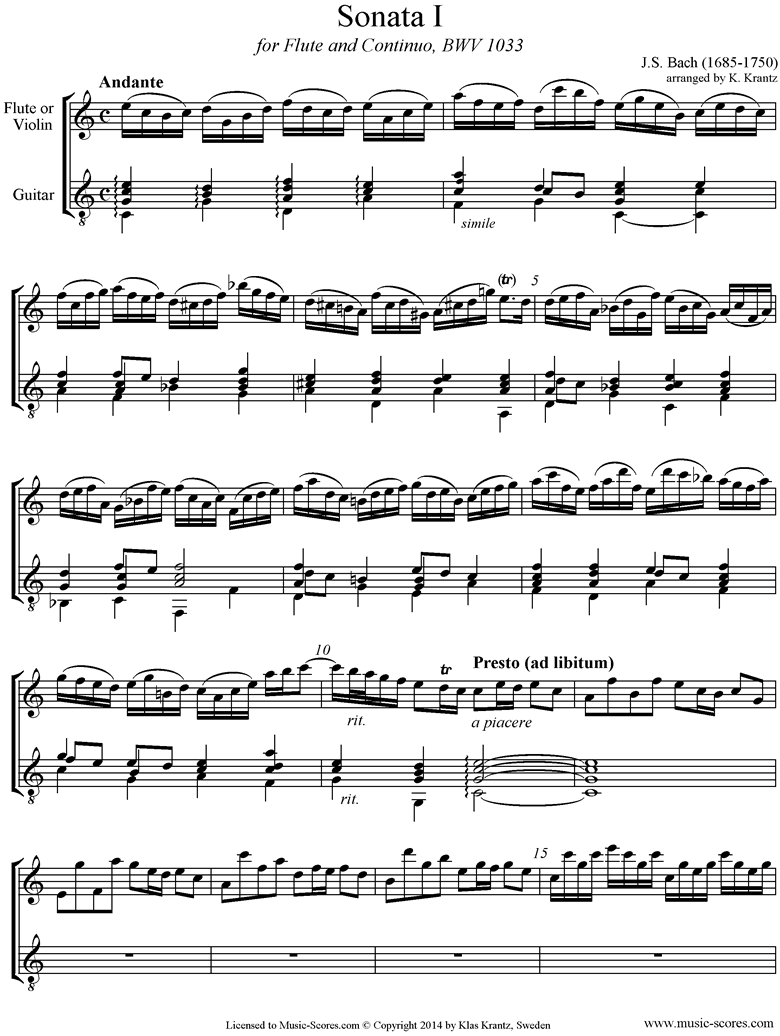 Front page of BWV 1033: Sonata No.1: Flute, Guitar sheet music