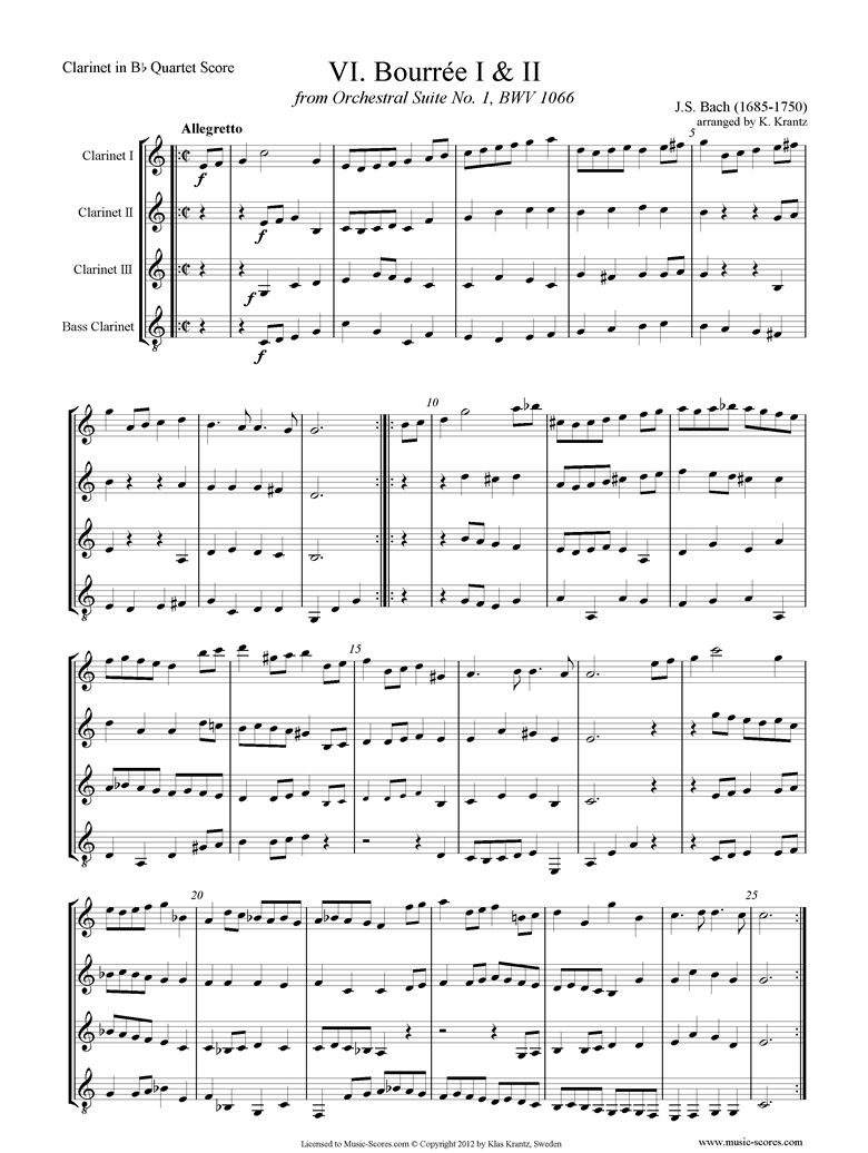 Front page of BWV 1066, 6th mvt: Two Bourrees: 4 Clarinets sheet music