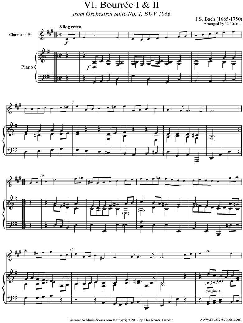Front page of BWV 1066, 6th mvt: Two Bourrees: Clarinet, Piano sheet music