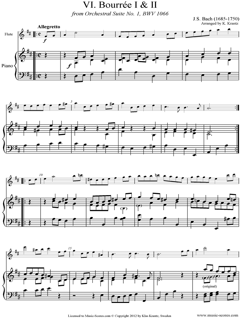 Front page of BWV 1066, 6th mvt: Two Bourrees: Flute, Piano sheet music