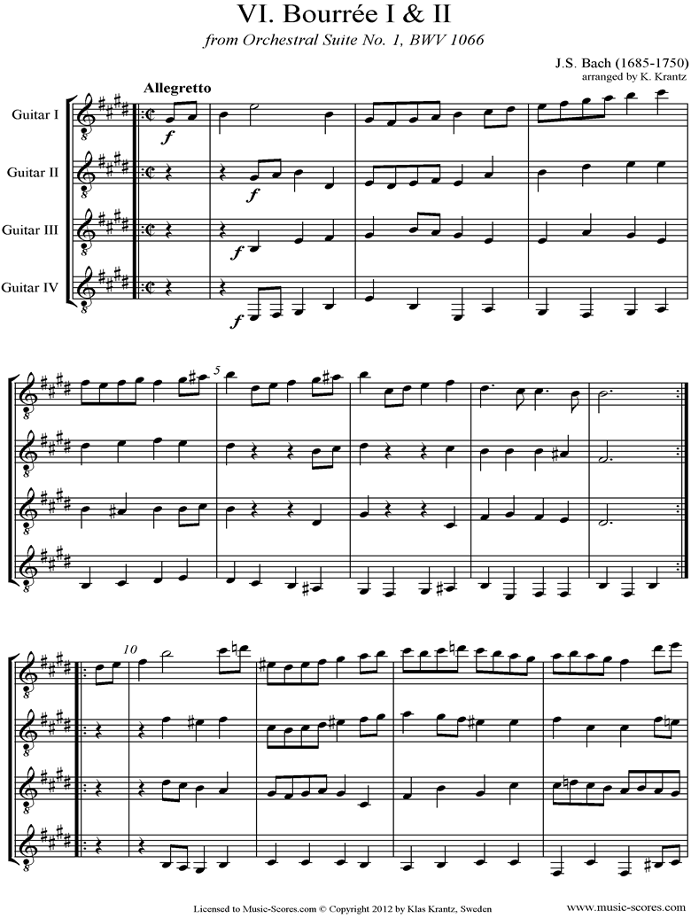 Front page of BWV 1066, 6th mvt: Two Bourrees: 4 Guitars sheet music