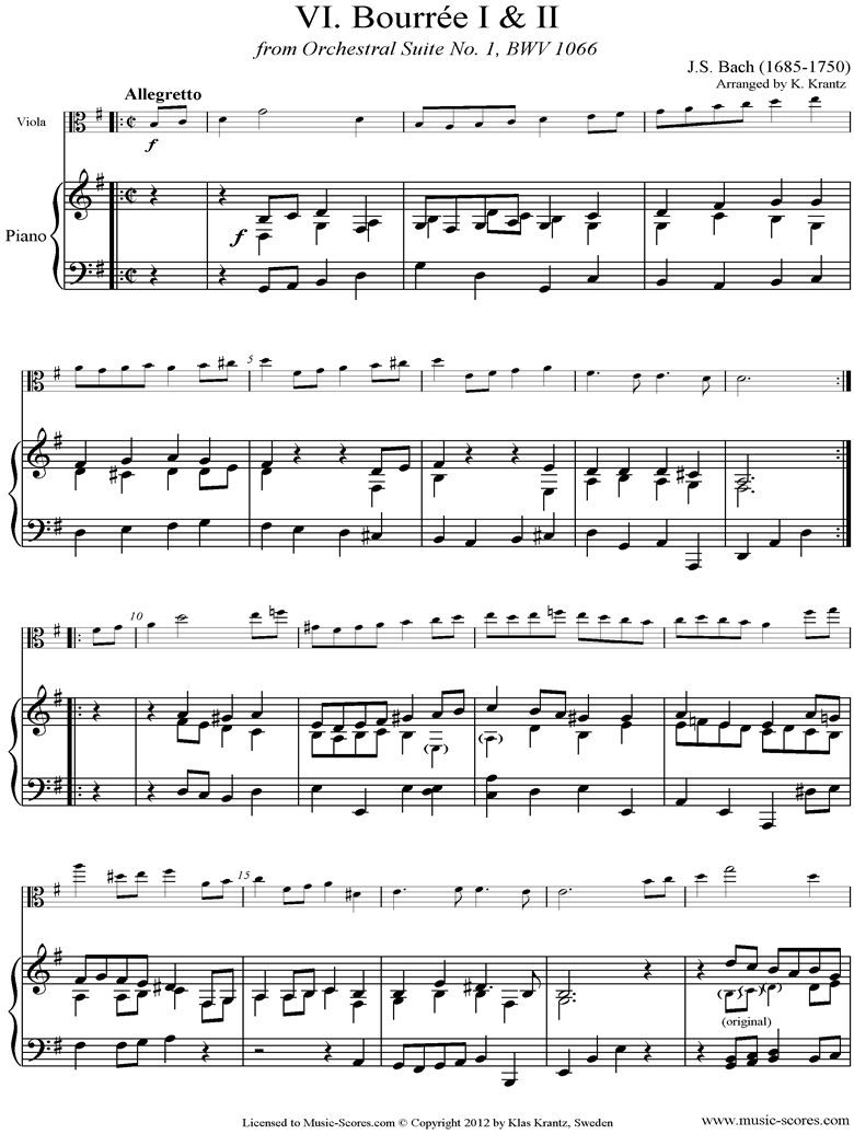 Front page of BWV 1066, 6th mvt: Two Bourrees: Viola, Piano sheet music