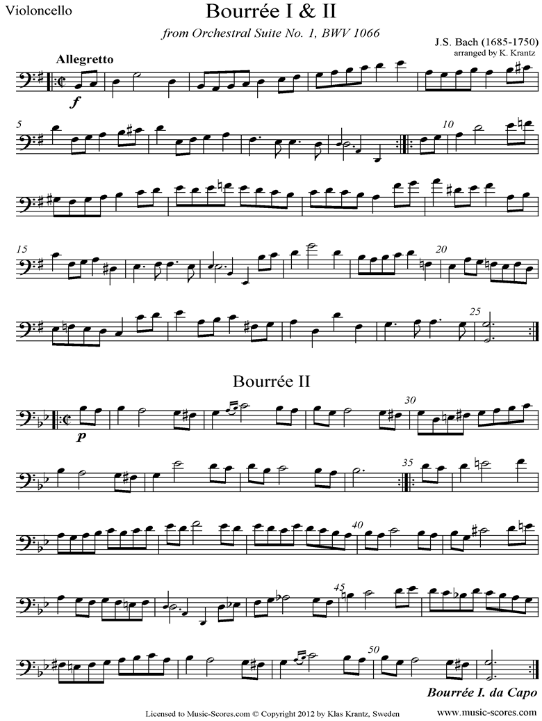 Front page of BWV 1066, 6th mvt: Two Bourrees: Cello solo sheet music