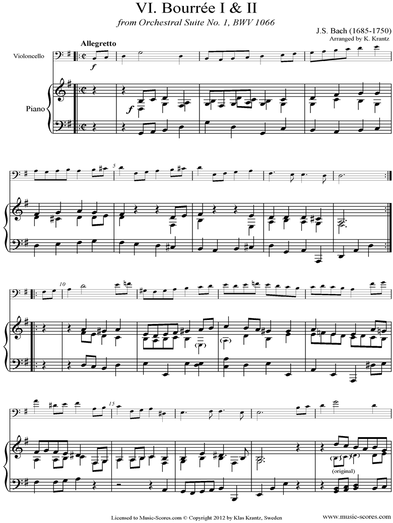 BWV 1066, 6th mvt: Two Bourrees: Cello, Piano by Bach