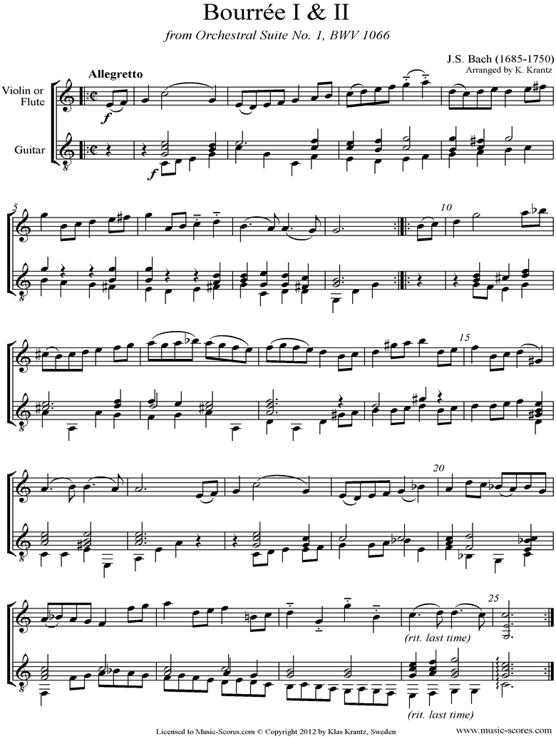 Front page of BWV 1066, 6th mvt: Two Bourrees: Violin, Guitar sheet music