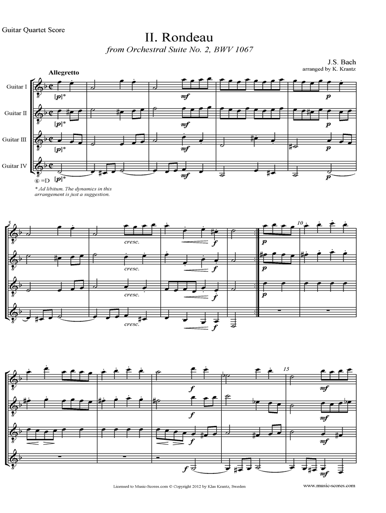 Front page of BWV 1067, 2nd mvt: Rondeau: 4 Guitars sheet music