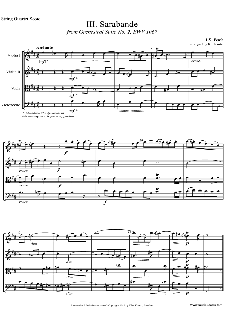 Front page of BWV 1067, 3rd mvt: Sarabande: String Quartet sheet music