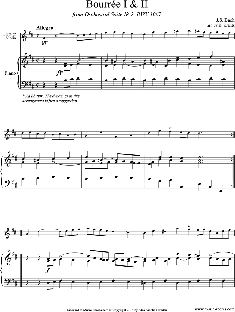 Front page of BWV 1067, 4th mvt: 2 Bourrees: Flute, Piano sheet music