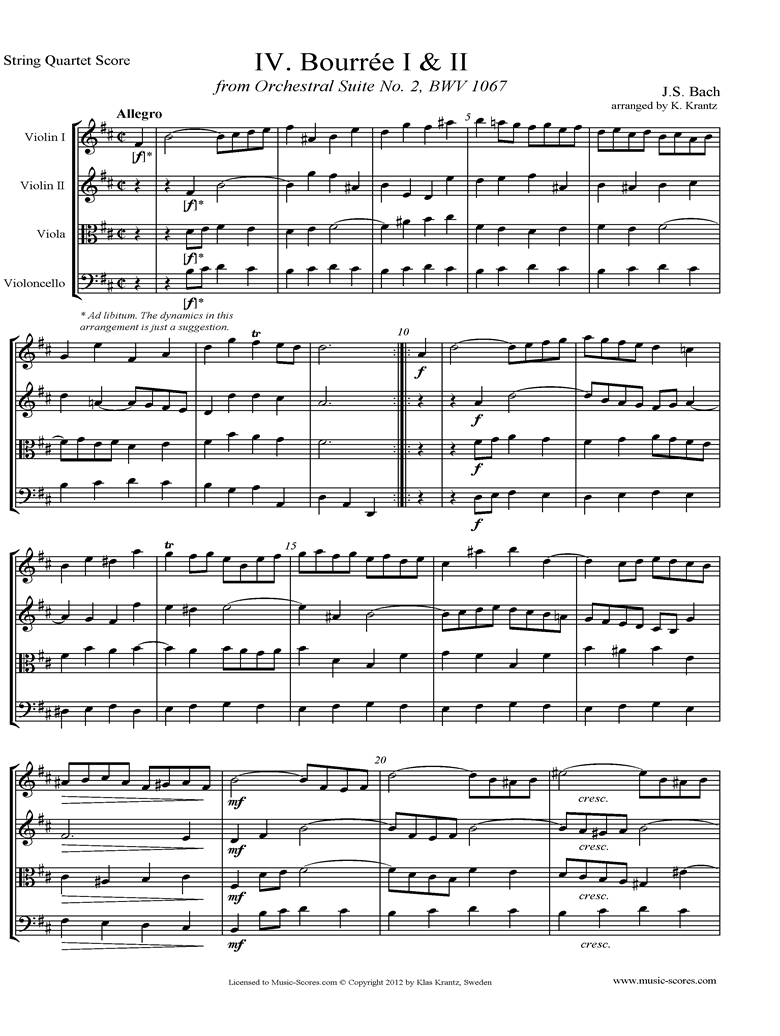 Front page of BWV 1067, 4th mvt: 2 Bourrees: String Quartet sheet music