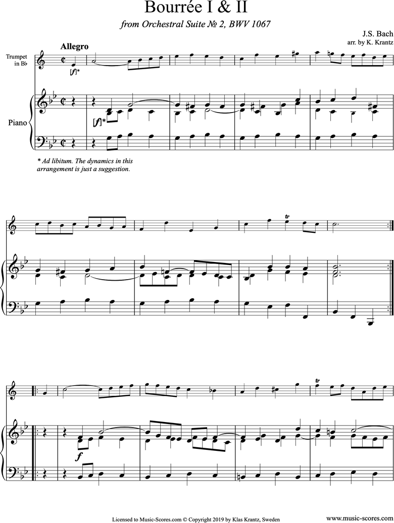 Front page of BWV 1067, 4th mvt: 2 Bourrees: Trumpet, Piano sheet music