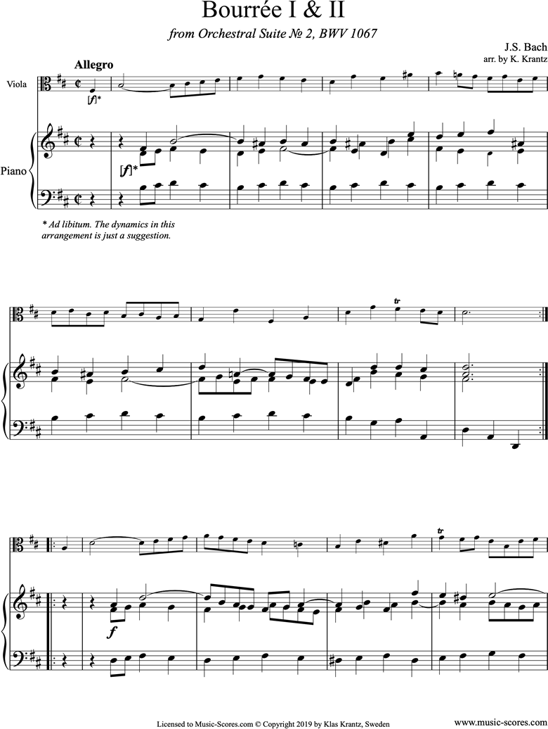 Front page of BWV 1067, 4th mvt: 2 Bourrees: Viola, Piano sheet music