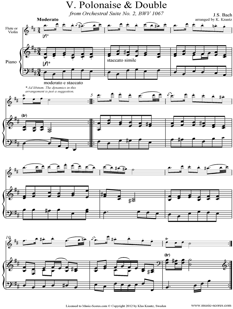 Front page of BWV 1067, 5th mvt: Polonaise and Double: Flute, Piano sheet music