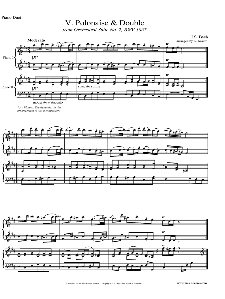 Front page of BWV 1067, 5th mvt: Polonaise and Double: 2 Pianos sheet music