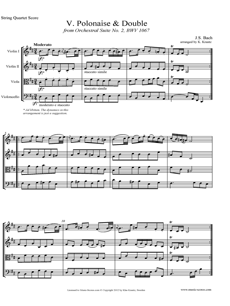 Front page of BWV 1067, 5th mvt: Polonaise and Double: String Quartet sheet music