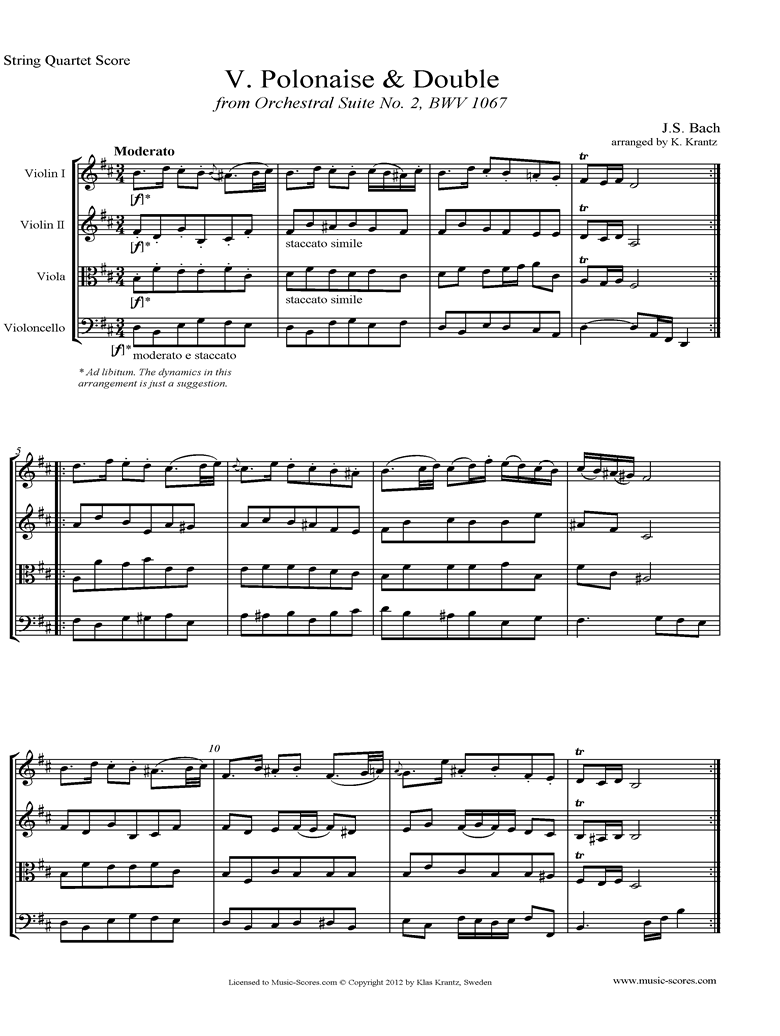 BWV 1067, 5th mvt: Polonaise and Double: String Quartet by Bach
