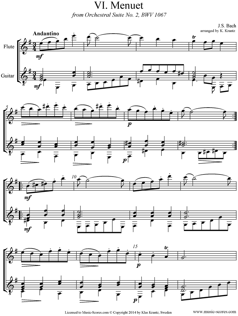 Front page of BWV 1067, 6th mvt: Minuet: Flute, Guitar sheet music