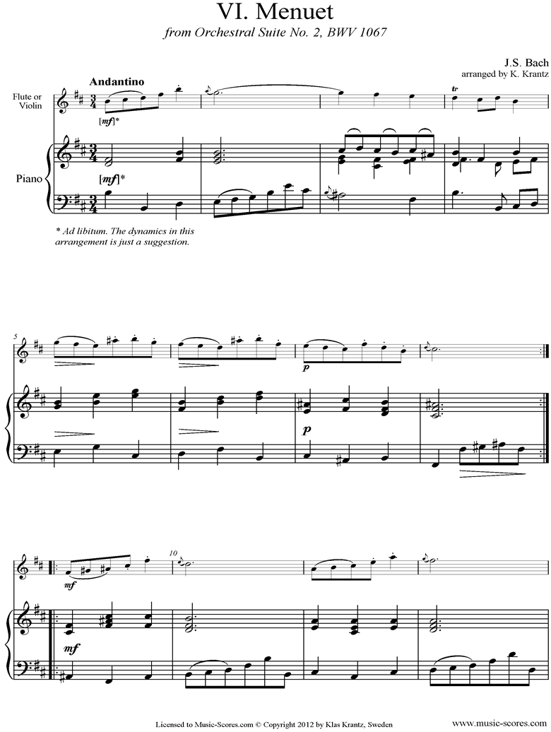Front page of BWV 1067, 6th mvt: Minuet: Flute, Piano sheet music
