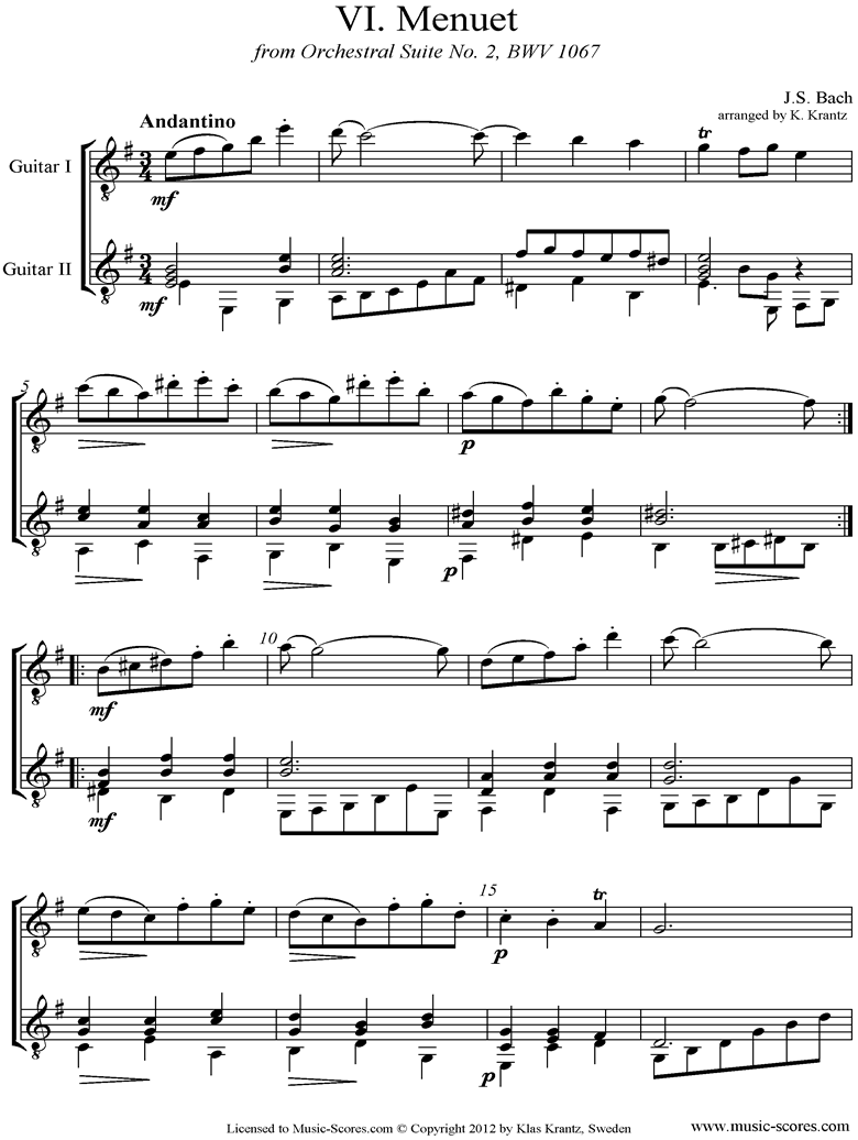 Front page of BWV 1067, 6th mvt: Minuet: 2 Guitars sheet music