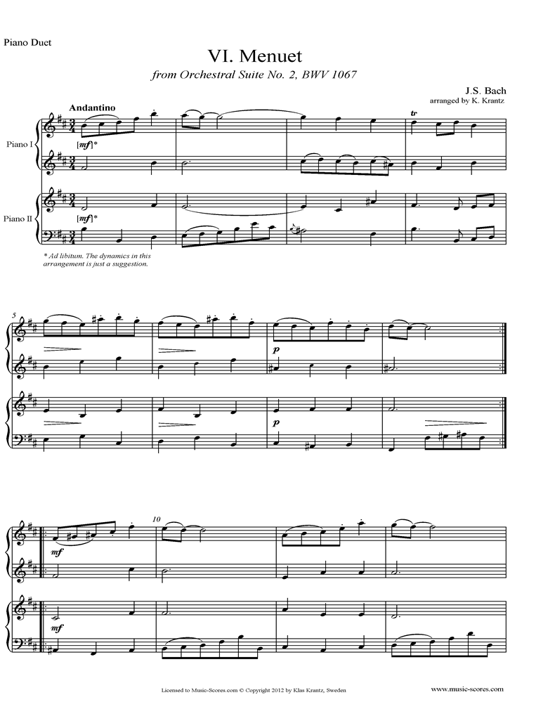 Front page of BWV 1067, 6th mvt: Minuet: 2 Pianos sheet music