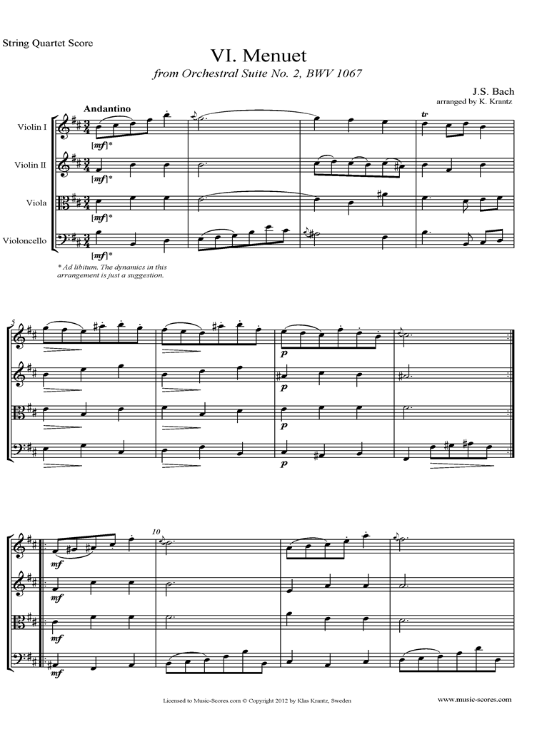 Front page of BWV 1067, 6th mvt: Minuet: String Quartet sheet music