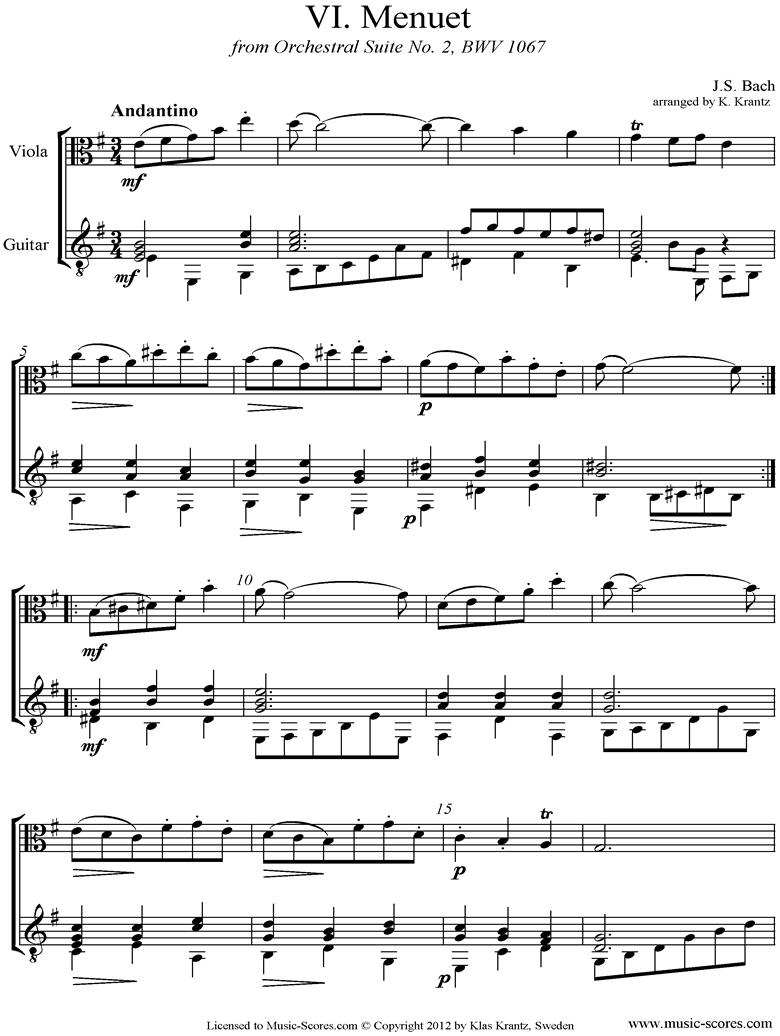 Front page of BWV 1067, 6th mvt: Minuet: Viola and Guitar sheet music