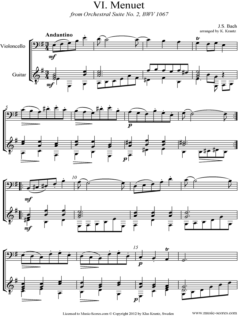 Front page of BWV 1067, 6th mvt: Minuet: Cello and Guitar sheet music