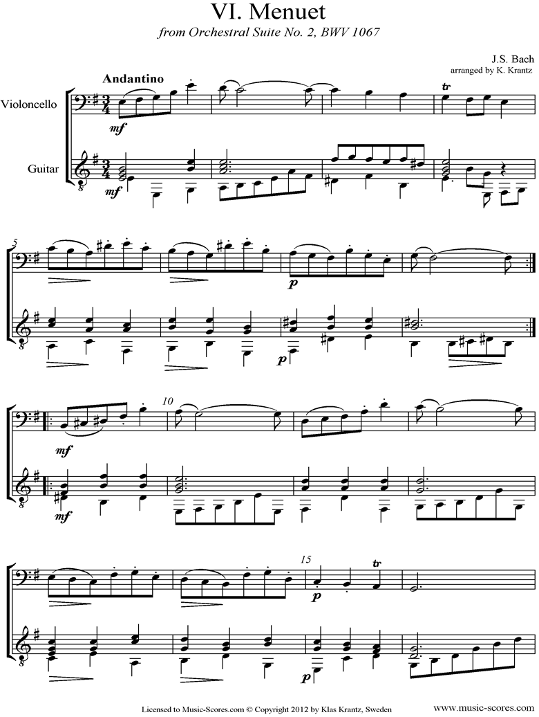 BWV 1067, 6th mvt: Minuet: Cello and Guitar by Bach