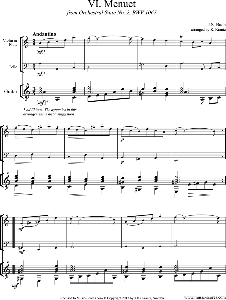 Front page of BWV 1067, 6th mvt: Minuet: Violin, Cello and Guitar sheet music