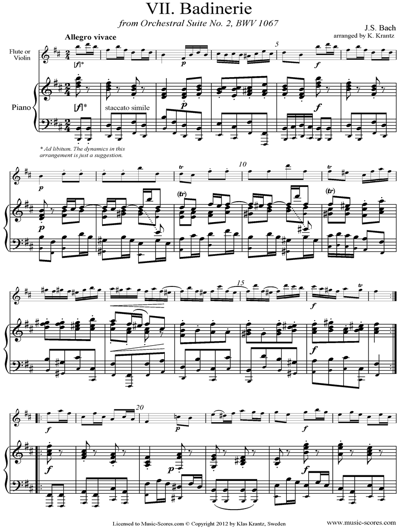 Front page of BWV 1067, 7th mvt: Badinerie: Flute, Piano sheet music