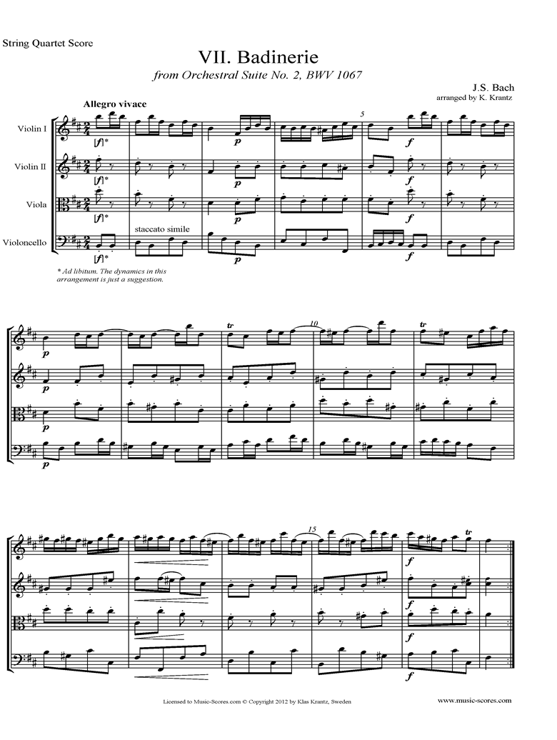 Front page of BWV 1067, 7th mvt: Badinerie: String Quartet sheet music