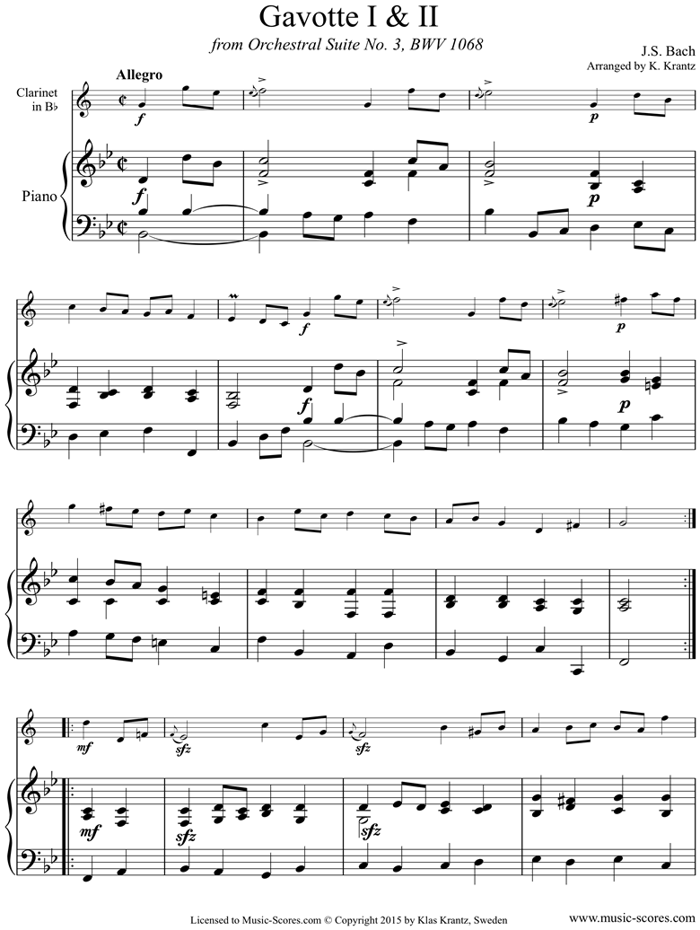 Front page of BWV 1068, 3rd mvt: 2 Gavottes: Clarinet, Piano sheet music