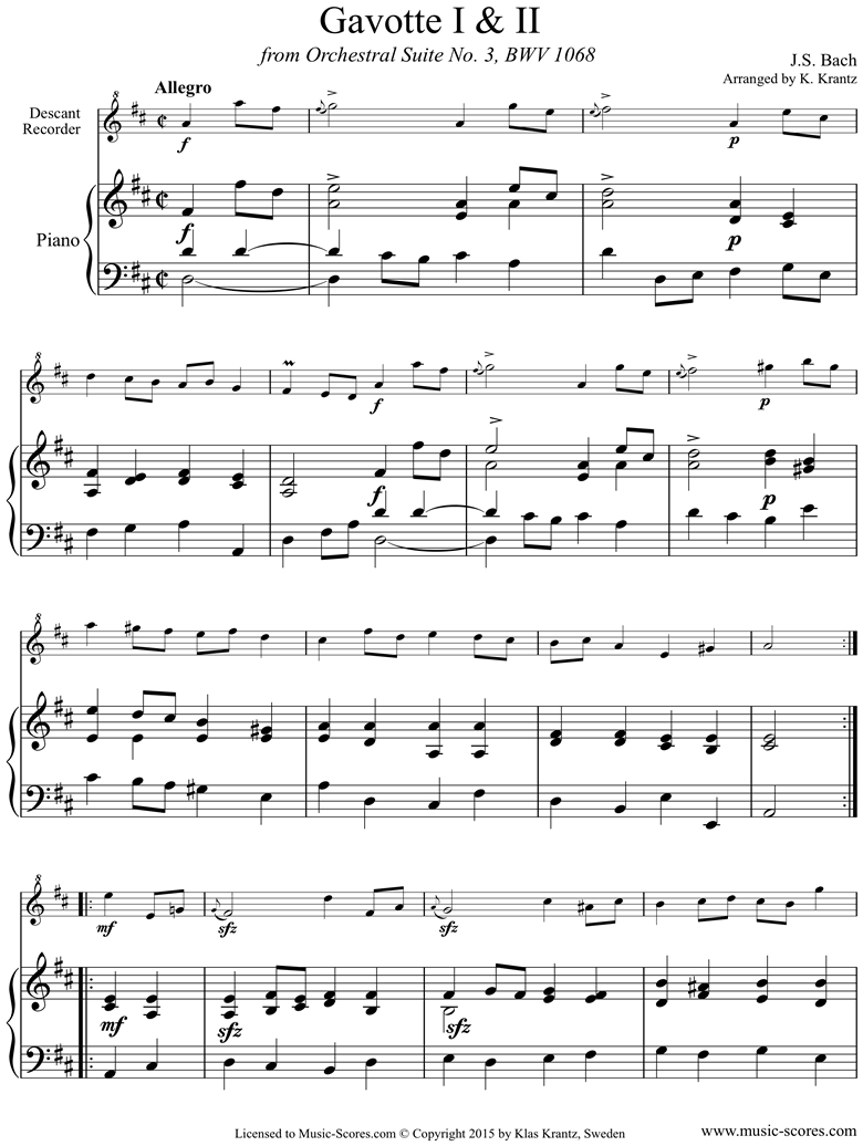 Front page of BWV 1068, 3rd mvt: 2 Gavottes: Descant Recorder, Piano sheet music