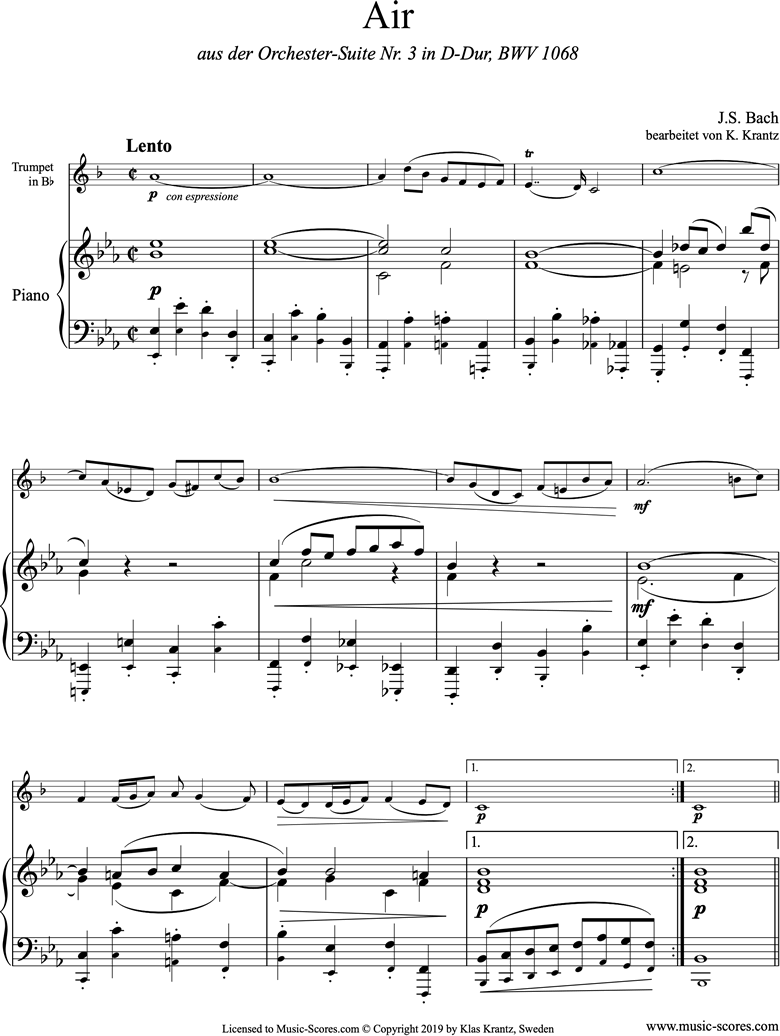 Front page of bwv 1068: Air on G: Trumpet and Piano. Eb major sheet music