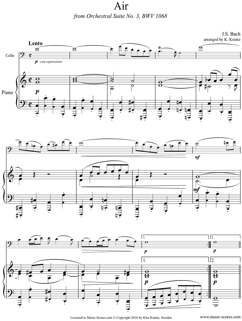 Front page of bwv 1068: Air on G: Cello and Piano. C ma sheet music