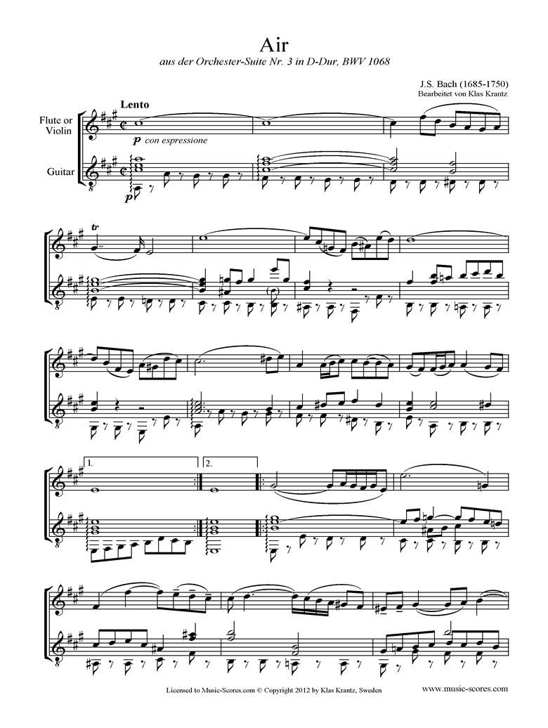 Front page of bwv 1068: Air on G: Flute and Guitar. sheet music