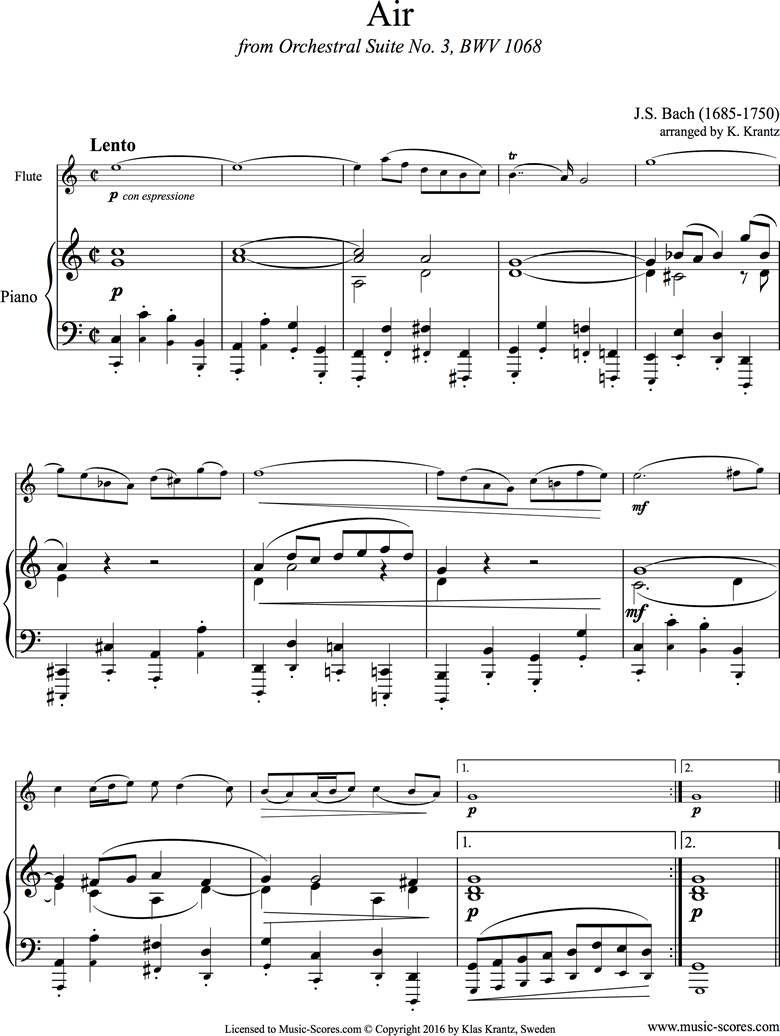 bwv 1068: Air on G: Flute and Piano. by Bach