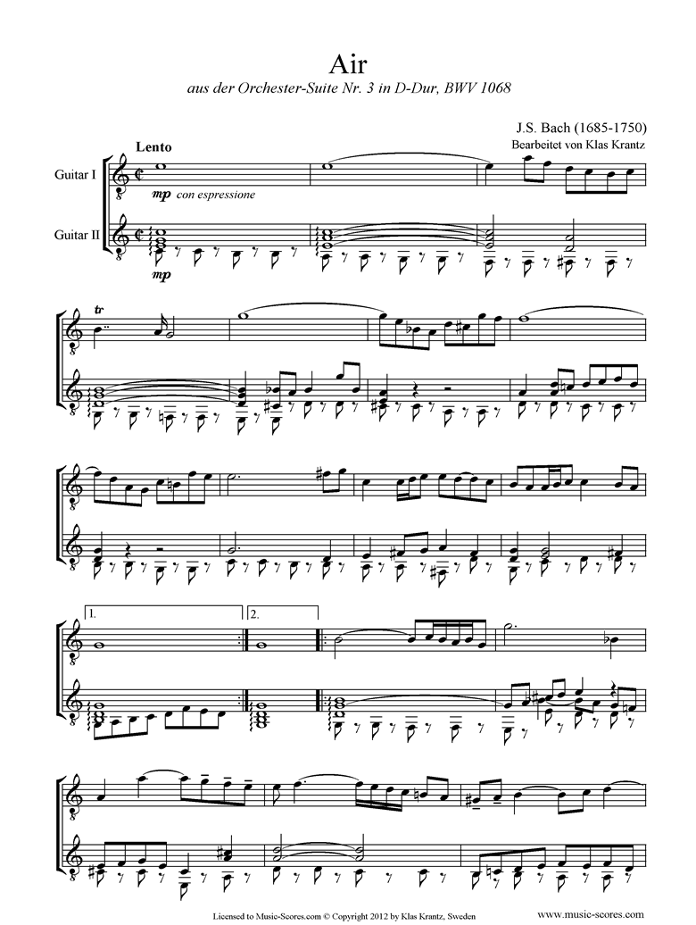 Front page of bwv 1068: Air on G: Two Guitars. sheet music