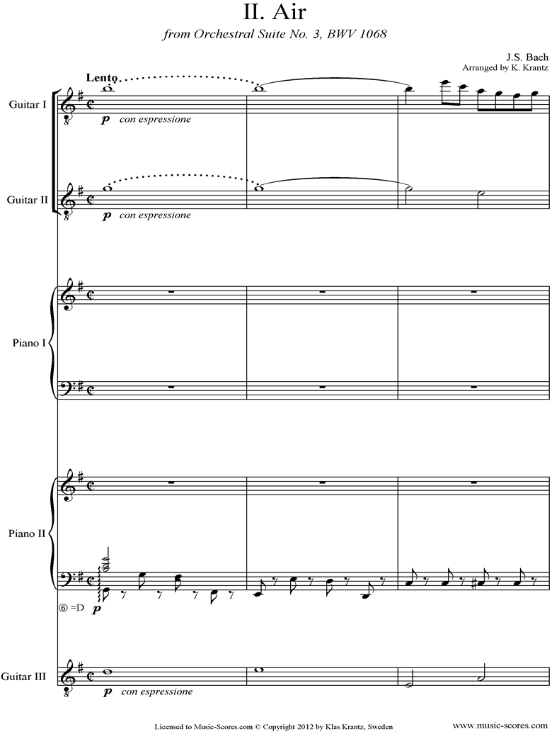 Front page of bwv 1068: Air on G: Four Guitars. sheet music