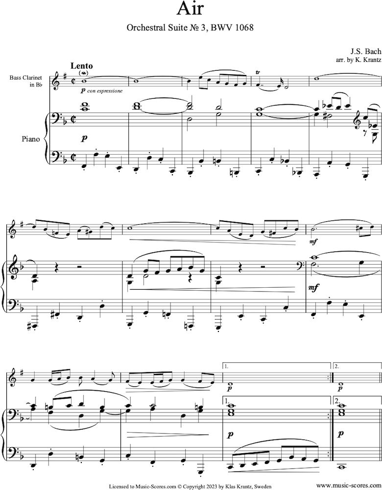 bwv 1068: Air on G: Bass Clarinet and Piano: F major. by Bach