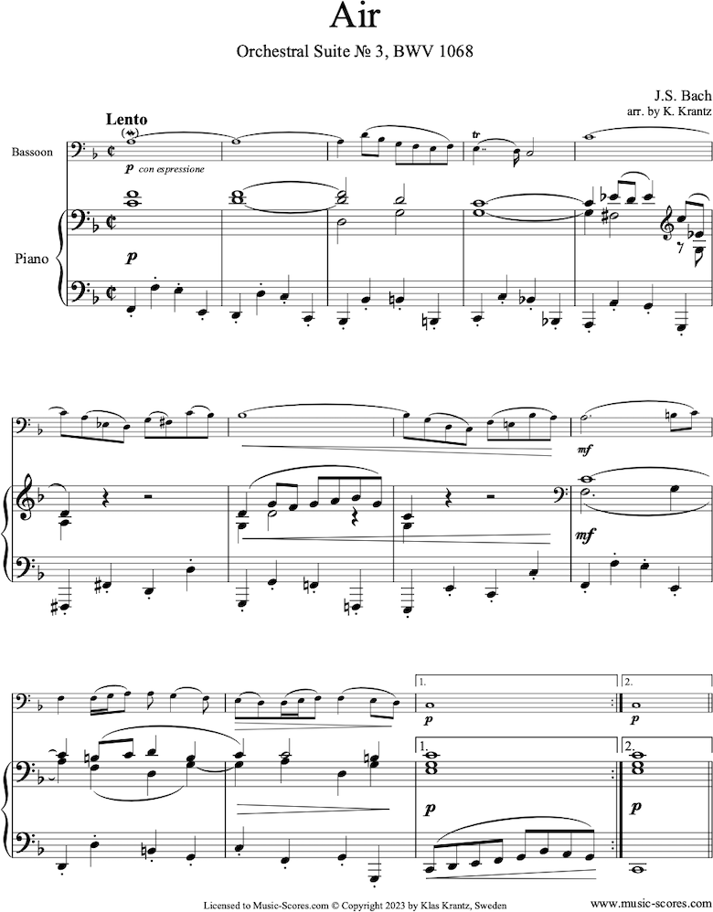 Front page of bwv 1068: Air on G: Bassoon and Piano: F major. sheet music