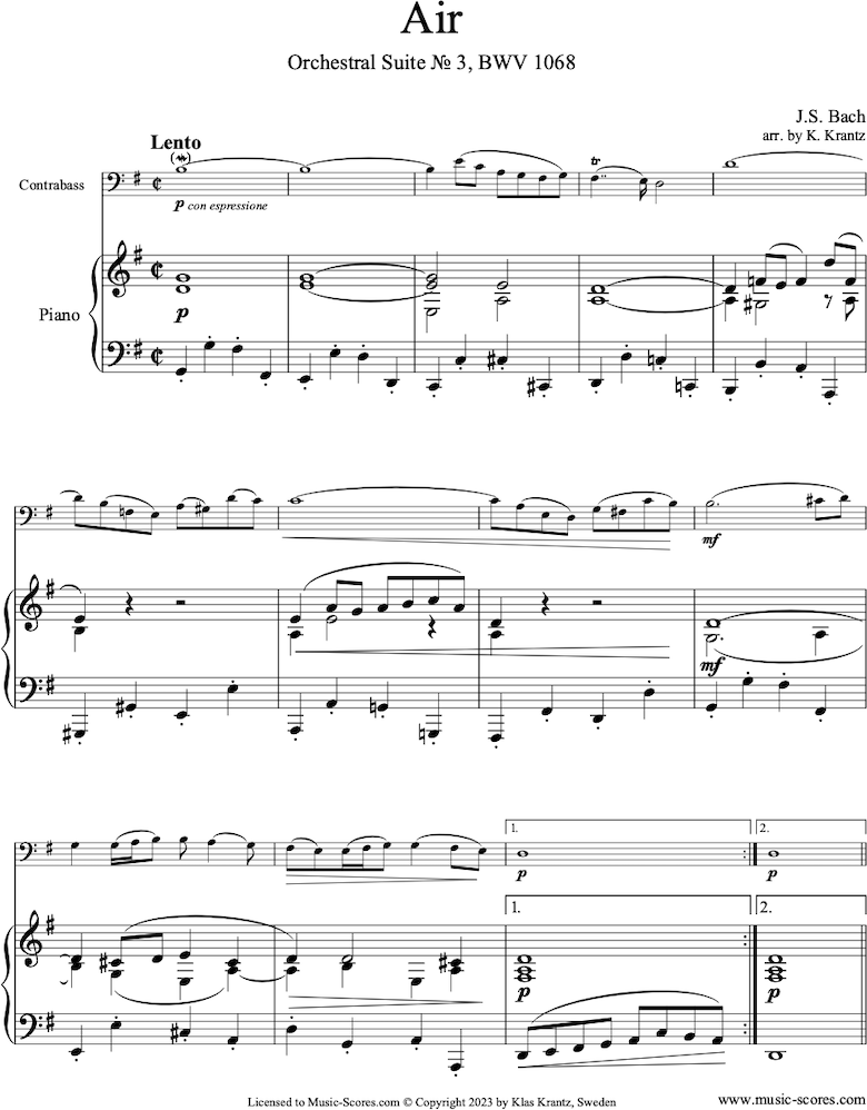 Front page of bwv 1068: Air on G: Double Bass and Piano: G major. sheet music